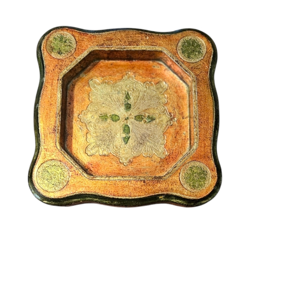 Vintage Florentine Ashtray or Catchall Trinket Dish Red Gold